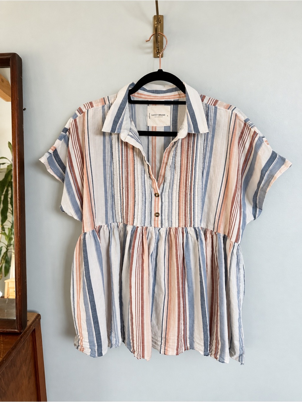 Lucky Brand Striped Peplum Blouse Top Women’s M Short Sleeve Button Front